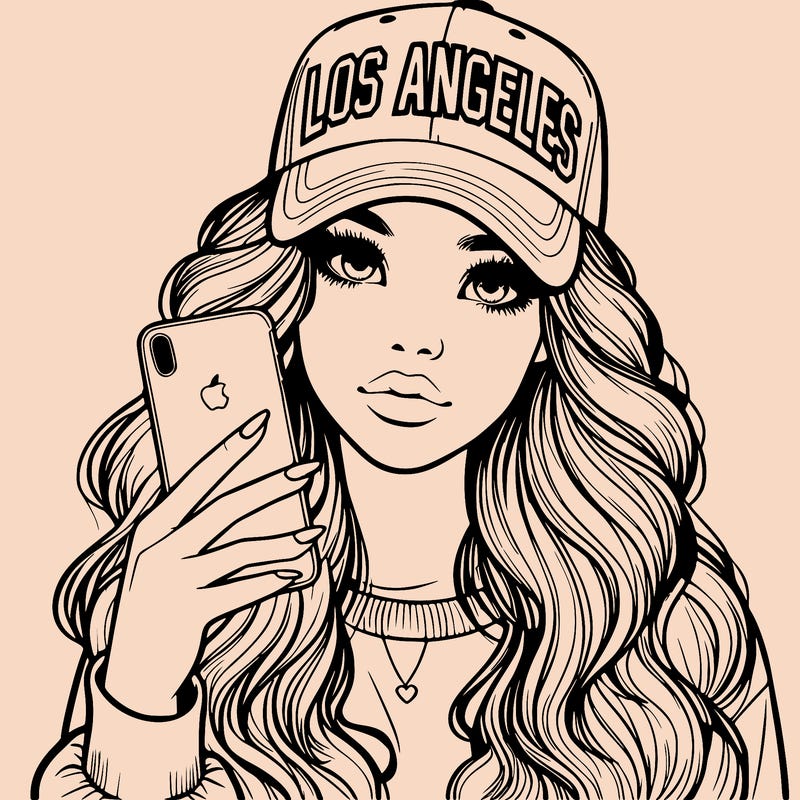 realistic beautiful girl wearing los ángeles cap holding an iphone