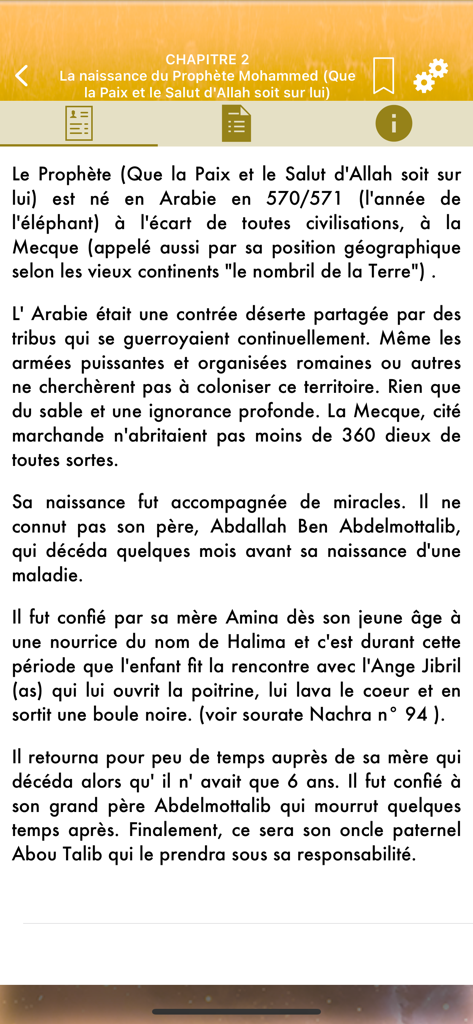 Captura de pantalla del Capítulo 2 en la aplicación As-Sira que habla sobre el nacimiento del Profeta Mahoma en francés.