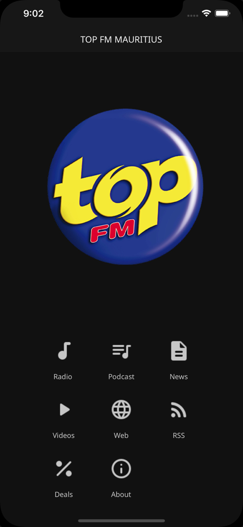 Top Fm Radio - Schermata principale dell'app Top FM Radio con icone di menu per radio, podcast, notizie e video