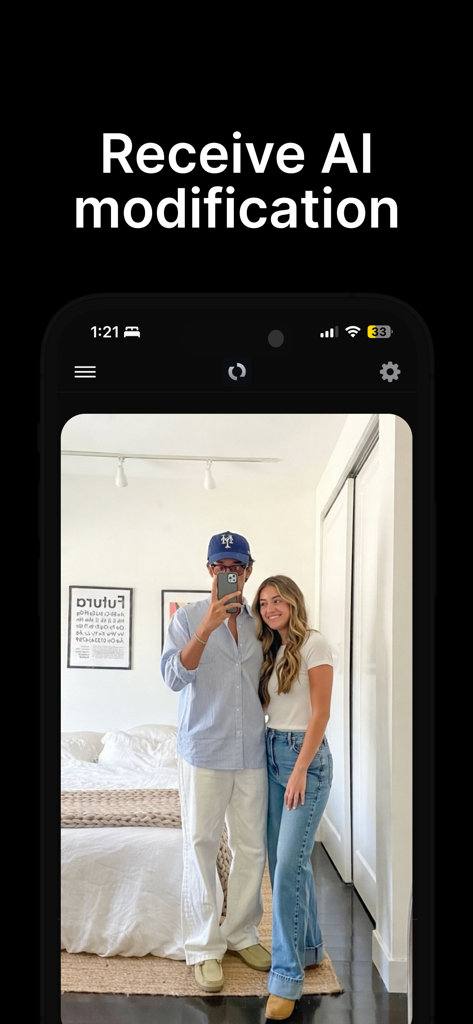Screenshot of the Ploxto app displaying a photo of a couple in a bedroom under the heading Receive AI modification