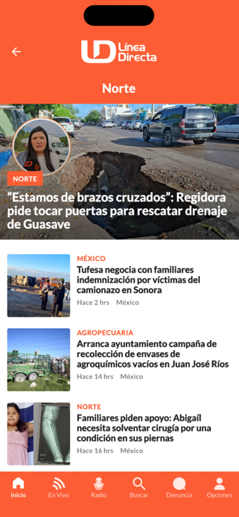 Línea Directa - Pantalla principal de la aplicación Línea Directa mostrando artículos de noticias y categorías