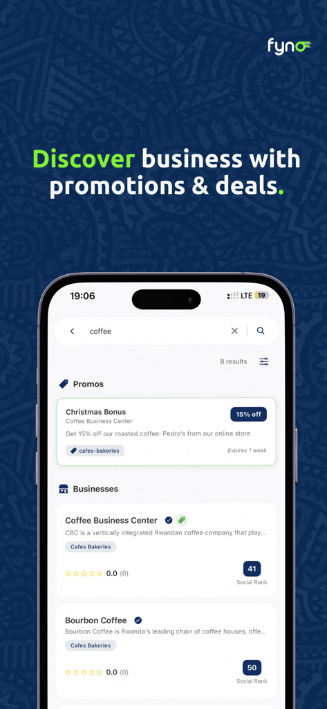Fynd Rwanda - Fynd Rwanda app interface displaying coffee business listings and promotional discounts.