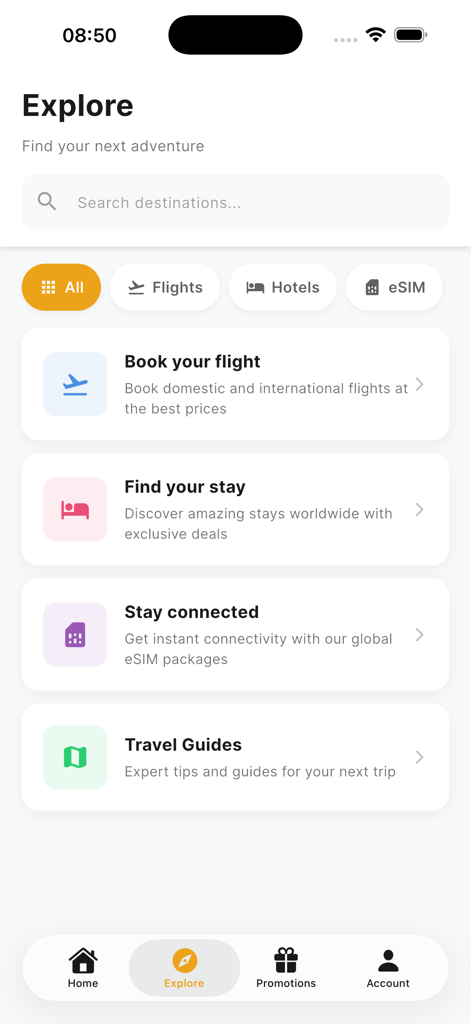 Master Voyages - Master Voyages app explore screen featuring flight hotel and eSIM booking options