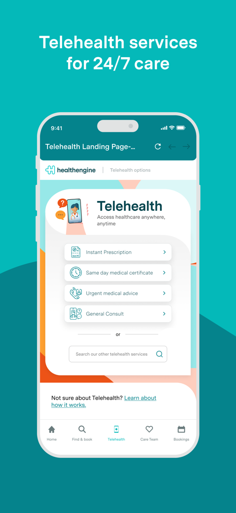 Healthengine - Healthengine mobile app displaying telehealth services like instant prescriptions and urgent medical advice