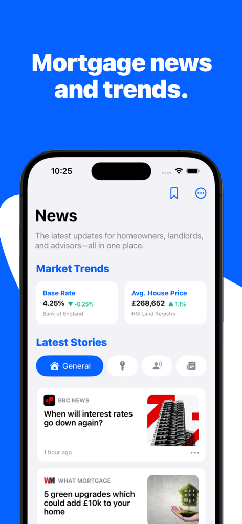 Mortgage Calculator: Mortgages - A screen from the mortgage app showing the latest news and market trends including interest rates and house prices