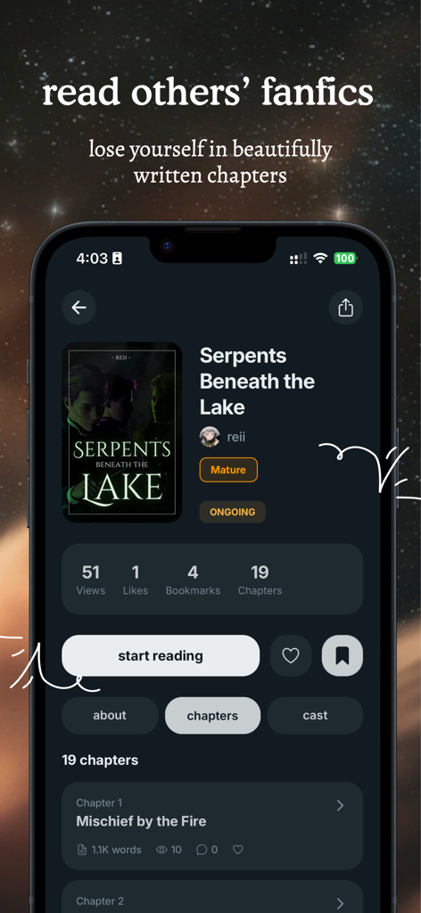 Kindred app interface showing the story overview and chapter list for a fanfiction titled Serpents Beneath the Lake.