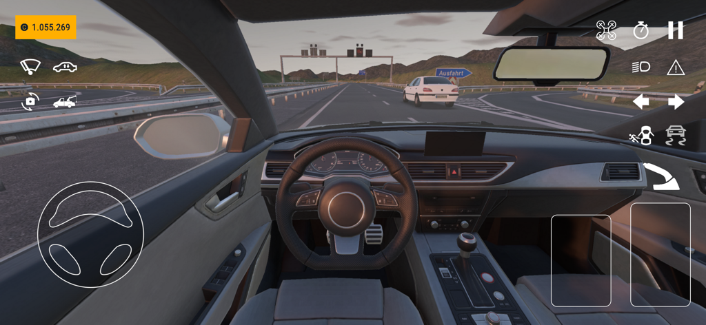 StreetPro Racing - First person view of a car dashboard and steering wheel in StreetPro Racing simulation game on a highway
