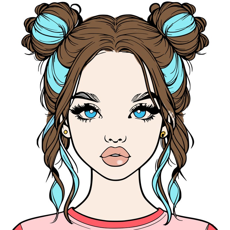 realistic girl with two buns in hair and lips
