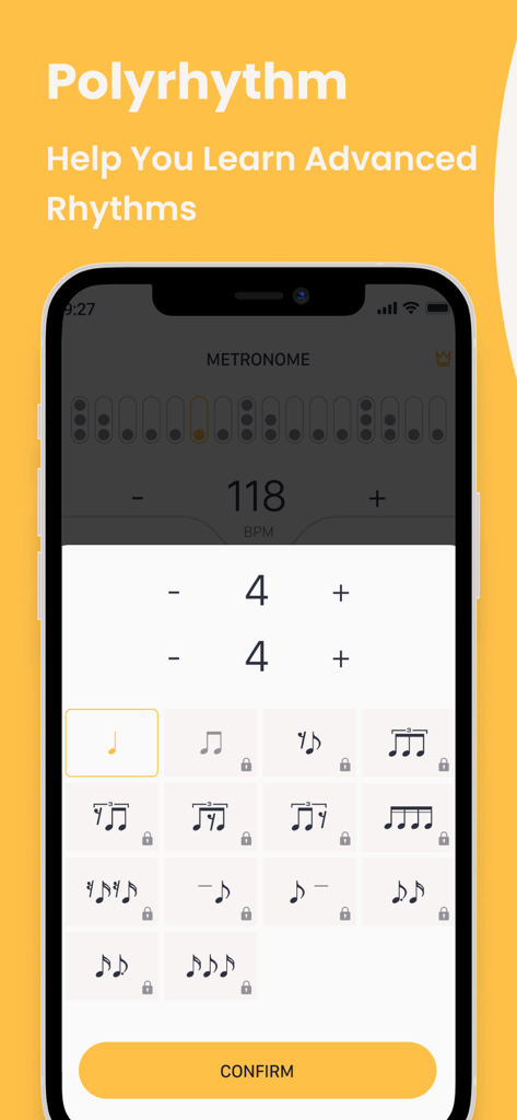 Metronome: tempo, tap, beat - Metronom-App, die erweiterte Rhythmus- und Taktzeiteinstellungen anzeigt