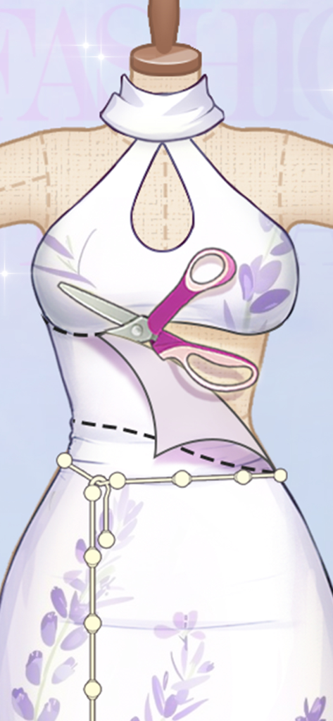 A floral dress template being cut with scissors in the garment editor of the Fashion Designer game.