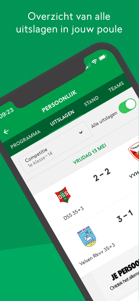 Mobile app interface of Voetbal.nl showing amateur soccer match results and scores in the Netherlands.