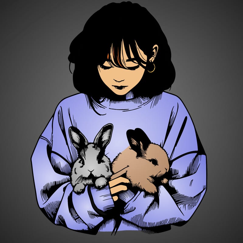 realistic girl with messy bunny baggy sweatshirt and holding bunnies