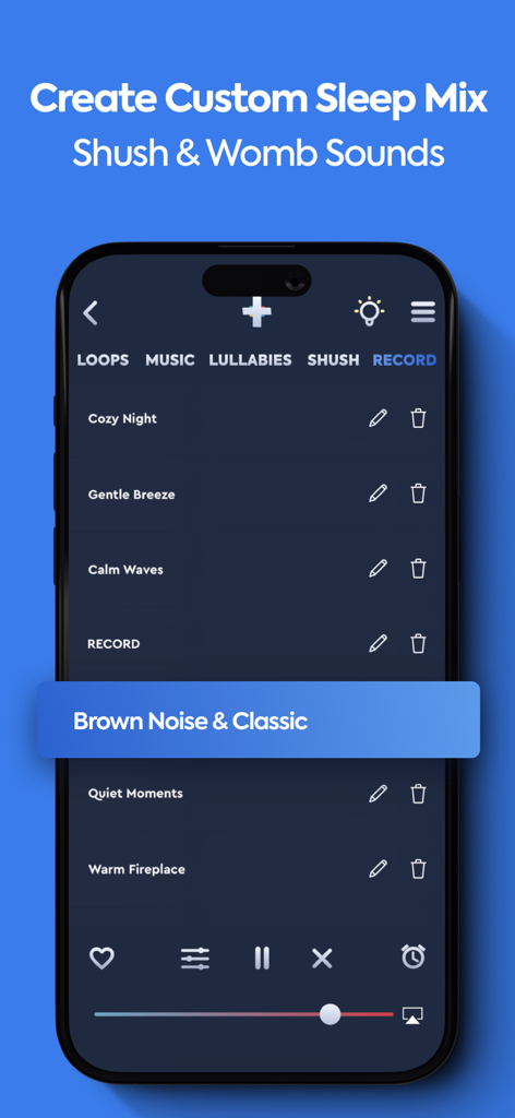 Interfaccia dell'app Guva per la creazione di un mix personalizzato per il sonno con opzioni per rumore bianco e suoni shushing
