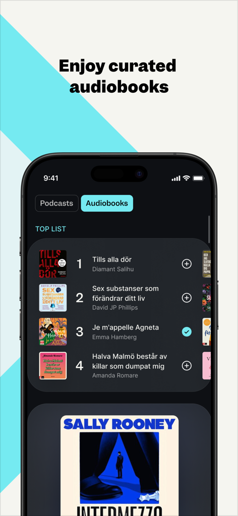 Podme - Podcasts & Audiobooks - Podme app interface showing a curated list of top audiobooks on a mobile screen.