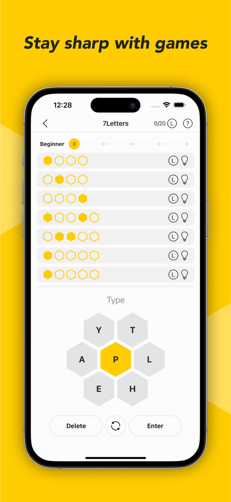Spelling Word Puzzle - Pangram - Interface do jogo de quebra-cabeça de palavras 7Letters com uma grade de letras em favo de mel