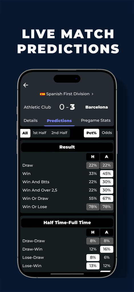 BuzzScores mobile app interface displaying live soccer match predictions and win probabilities