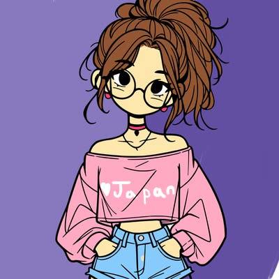 girl with a messy ponytail glasses a baggy crop top and jean shorts