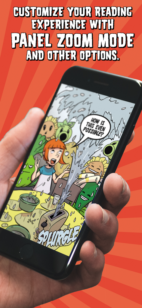 Reading a Plants vs Zombies comic on a smartphone with panel zoom mode