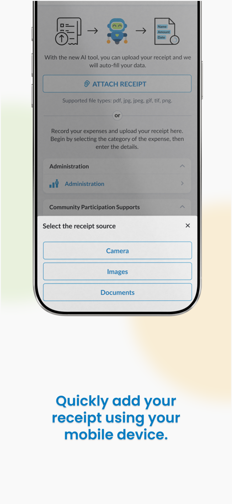 MyDirectPlan - MyDirectPlanアプリのインターフェース。AI搭載のレシートアップロード機能がモバイルデバイスに表示されています。