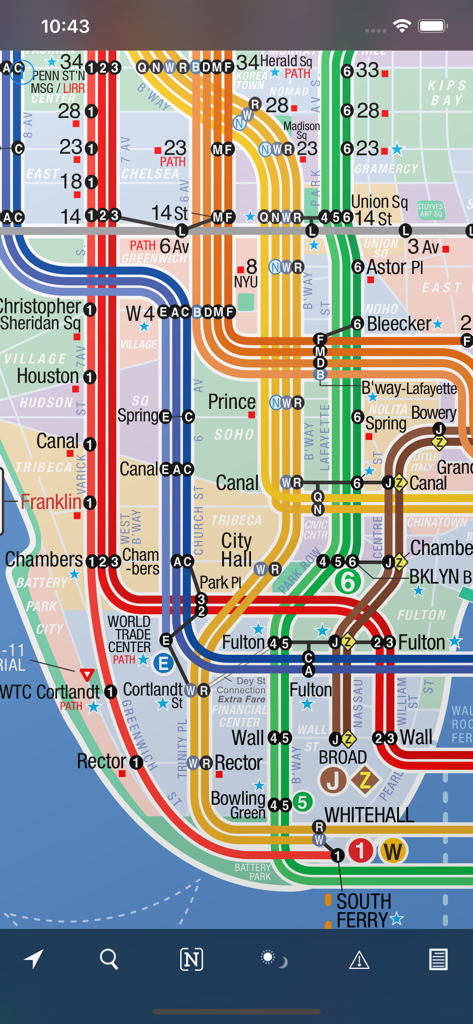 KickMap NYC+ - Detailed NYC subway map on KickMap NYC+ app showing multiple transit lines and station names in Manhattan