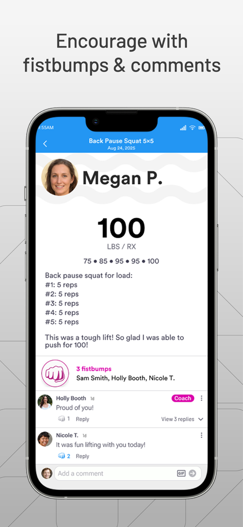 SugarWOD - SugarWOD app interface showing a fitness workout log with social features like fist bumps and community comments