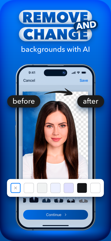AI background removal feature showing a before and after comparison for a professional document photo