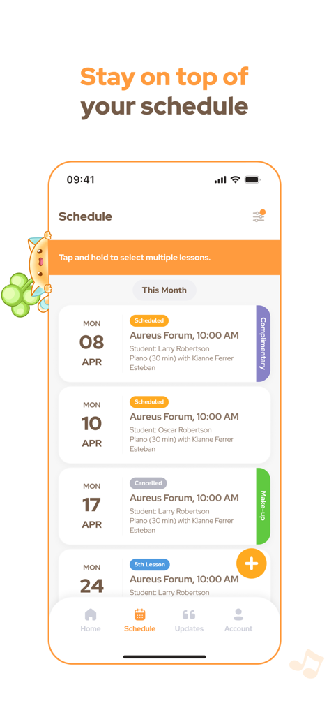 Mobile app screen showing a music lesson schedule with dates, student names, and lesson statuses like scheduled or cancelled