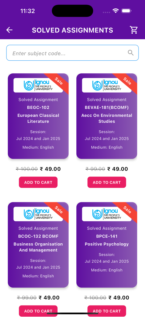 SMate Ignou - SMate Ignouアプリのインターフェース。文学や心理学を含む様々な科目の解答済み課題があるショップが表示されています。