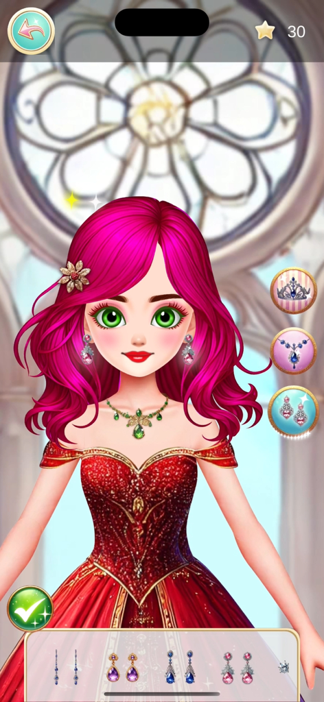 Princess- Make Over - Un personaje de princesa con cabello rosa y vestido rojo siendo peinado con joyas en una interfaz de juego de transformación móvil.