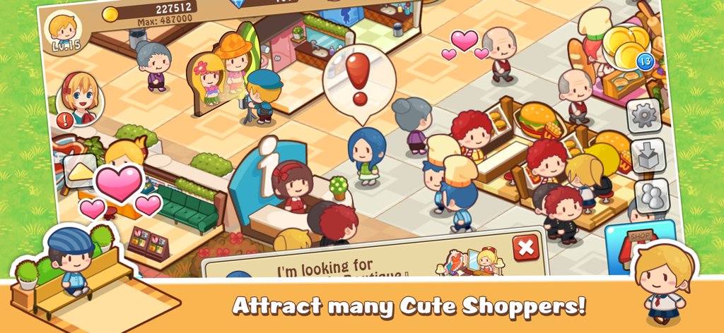 Happy Mall Story - Happy Mall Story gameplay showing cute chibi shoppers and various tiny shops in a busy mall layout