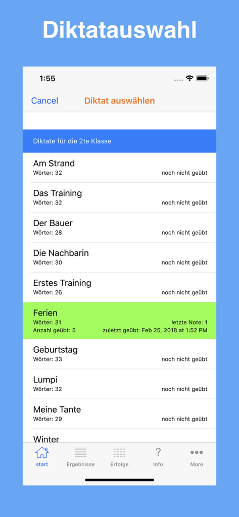 Diktat Trainer - Screenshot of the Diktat Trainer app showing a selection of dictation exercises for second grade students.