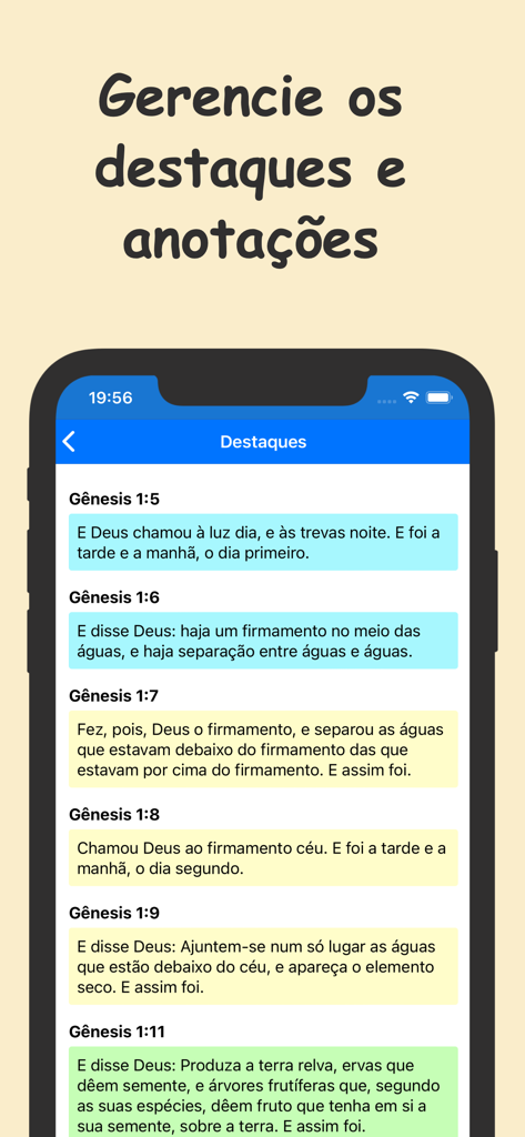 Cantor Cristão Batista: Hinos - A screen within the Cantor Cristao app displaying highlighted Bible verses and notes management.