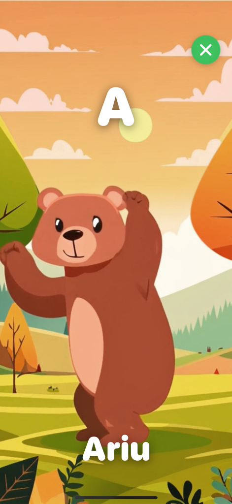 Drita ime - Un oso de dibujos animados que ilustra la letra A y la palabra Ariu en la aplicación educativa Drita ime