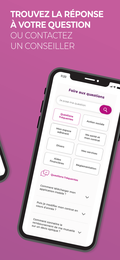 AÉSIO mutuelle - AESIO mutuelle mobile app help center interface with frequently asked questions and search bar