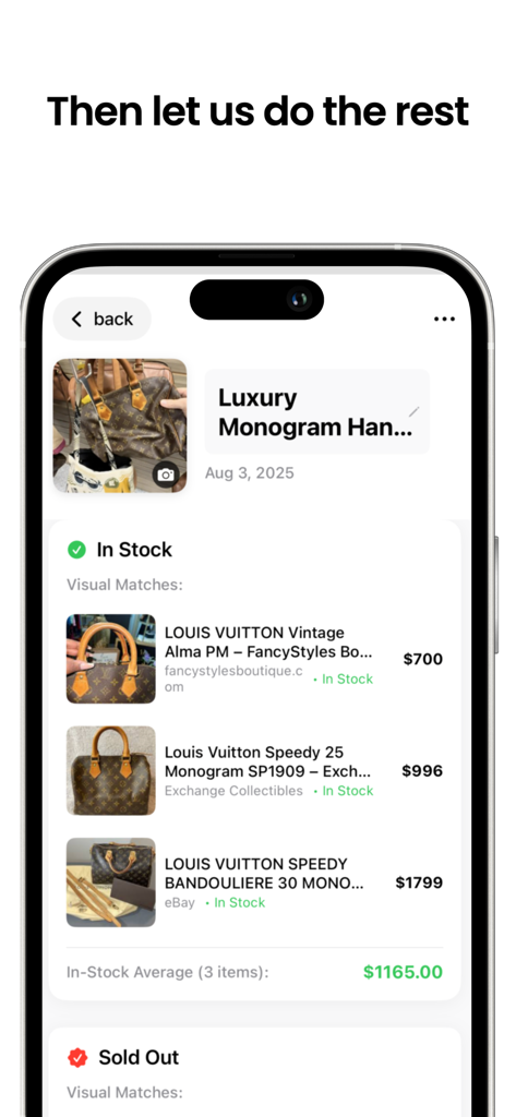 Thrifty app interface identifying a luxury handbag and showing market price comparisons from online listings.