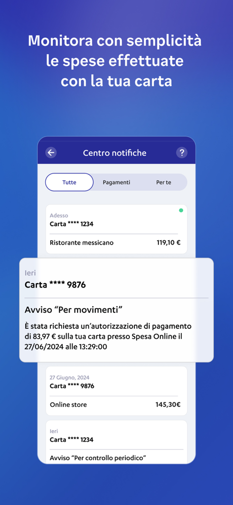 Nexi Pay app interface showing a list of transactions and security alerts in the notification center