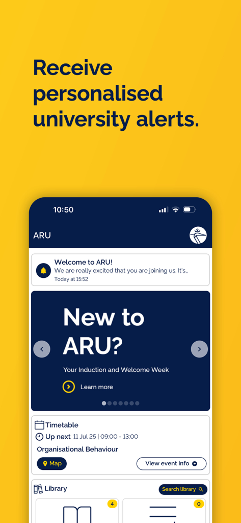 Ein Screenshot der ARU-App, der den Startbildschirm mit einem personalisierten Universitätswarnungsbanner und einem studentischen Lehrplan zeigt