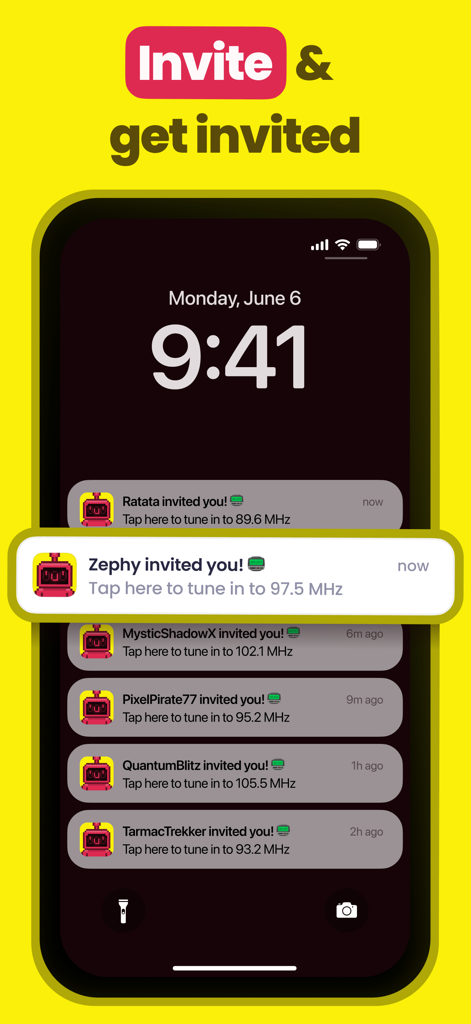 Radioh! - Walkie Talkie Radio - Smartphone lock screen displaying multiple invitations to join radio frequencies on the Radioh! app