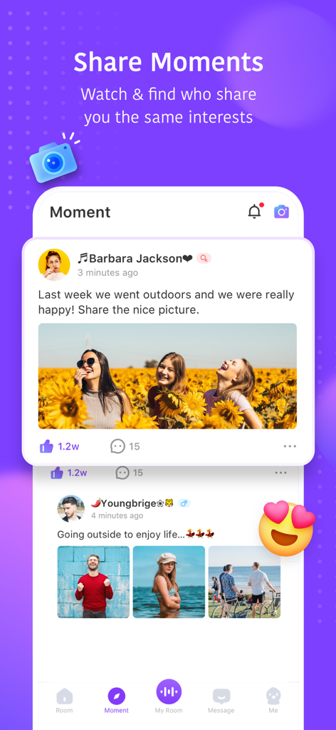 Hello Yo – Group Chat Rooms - Interface of the Hello Yo app showing the Moments social feed with user photos and community posts