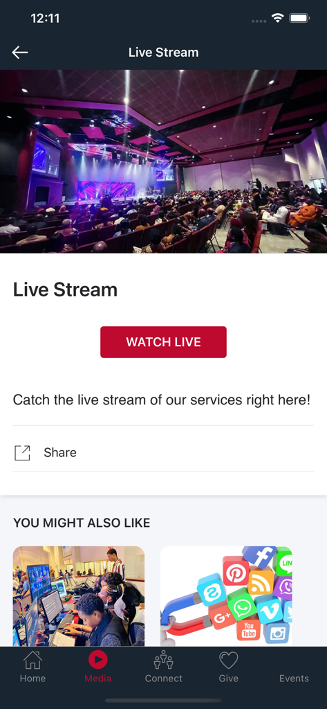 Winners Chapel Minnesota - Interface of the Winners Chapel Minnesota app showing the live stream section for church services