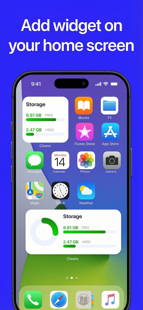 Cleano: Smart Cleaning - iPhone home screen with Cleano storage widgets showing free and used memory