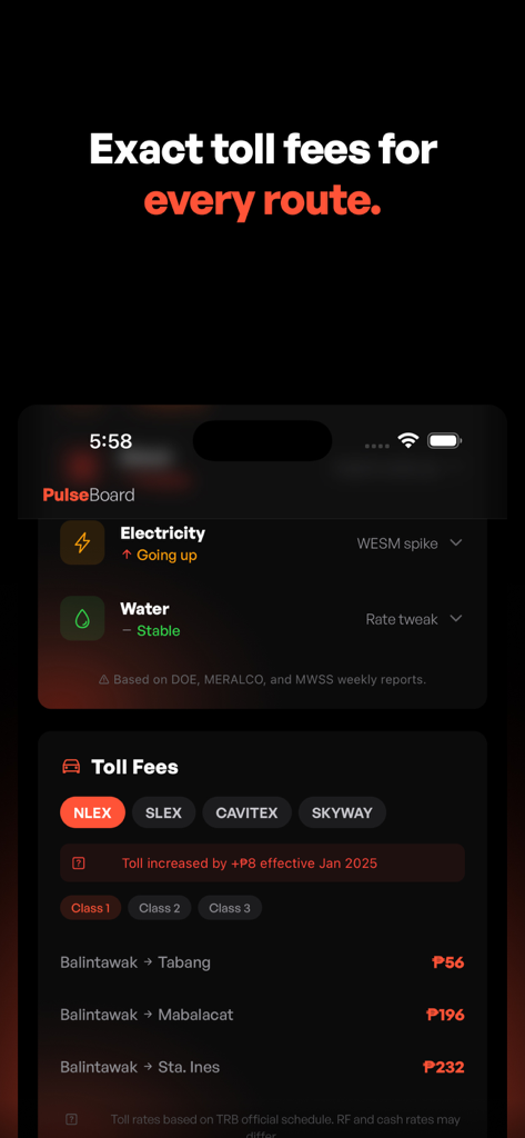 PulseBoard app screen showing exact toll fees for Philippine expressways like NLEX and SLEX along with electricity and water status updates
