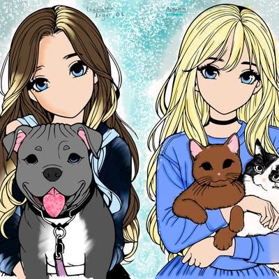 2 girls. 1 girl with a pitpull. the other girl with a cat. realistic. with long hair.