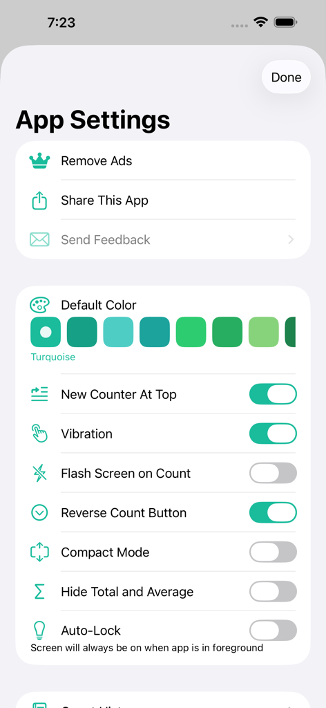 Settings screen of the Counter Tally Count app showing various customization options and feature toggles on iOS.