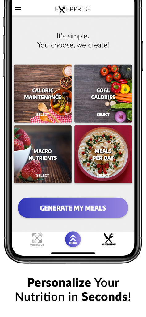 Exerprise Workout Meal Planner - Exerprise app screen showing meal planning options for calories macros and daily meals
