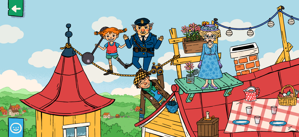 World of Pippi Longstocking - Pippi Longstocking walking on a tightrope on the roof of Villa Villekulla with a policeman and other characters
