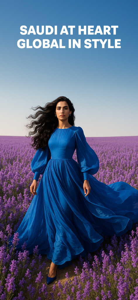 Jazi | جازي - Una mujer con un vestido azul largo en un campo de lavanda con el texto Saudi at Heart Global in Style