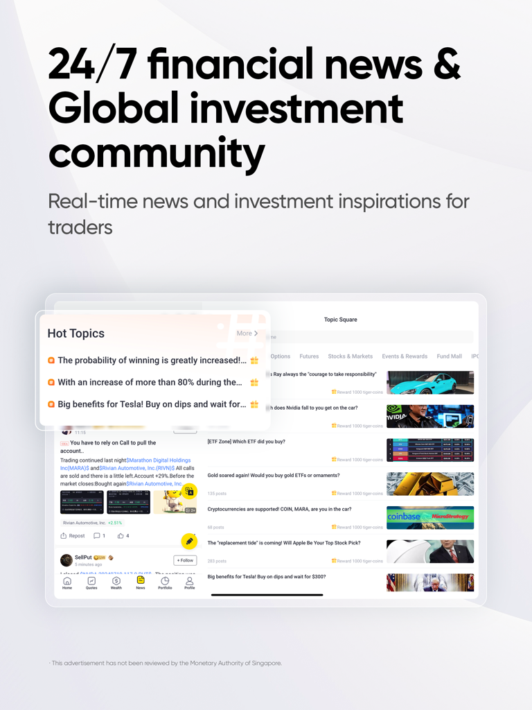 Tiger Trade - One stop trading - Tiger Trade app interface displaying 24/7 financial news and global investment community discussions
