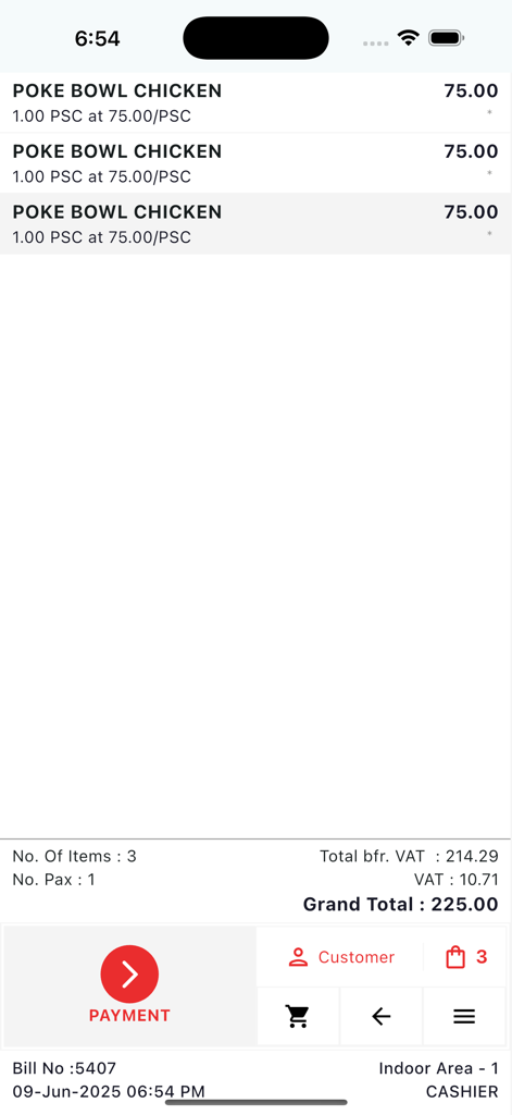 Restaurant POS mobile interface showing a customer order for poke bowls with a large red payment button