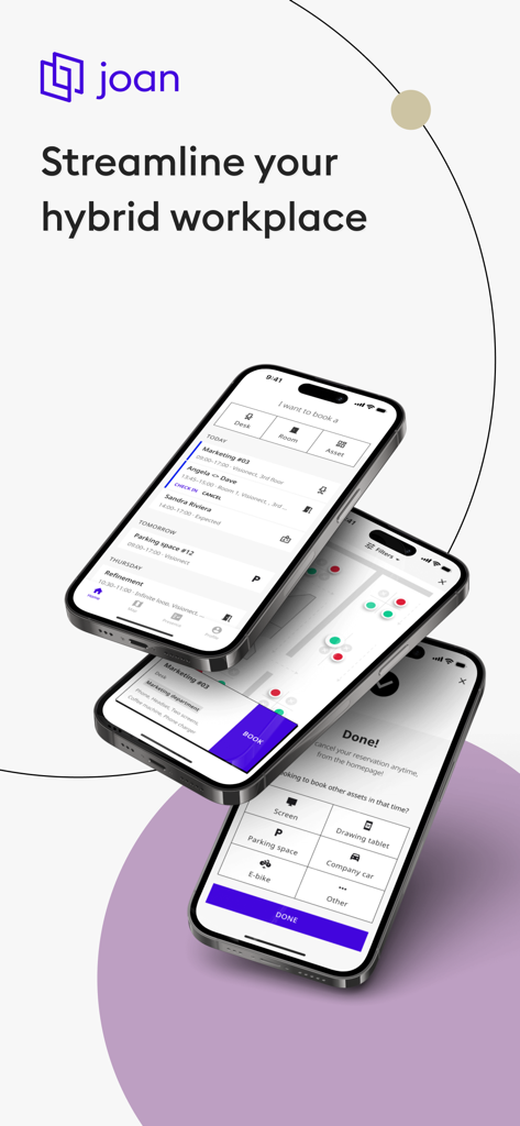 Joan Workplace - Three smartphone screens displaying the Joan Workplace app features for booking desks, viewing office floor plans, and reserving office assets.